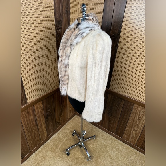 BEAUTIFUL CREAM COLORED MINK & SPOTTED BOBCAT CAT LYNX FUR COLLAR JACKET COAT S - Picture 4 of 11